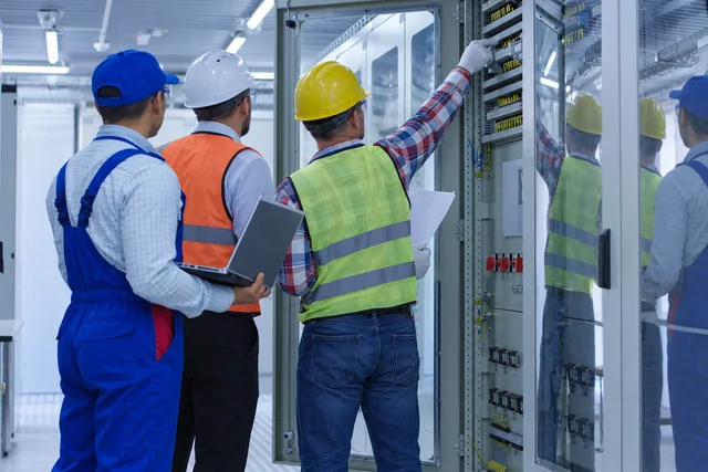 Immagine illustrativa rielaborata: tre persone di spalle osservano un quadro elettrico durante una spiegazione.